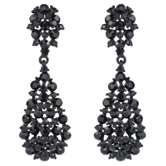 Carbon Black and Black Onyx Austrian Crystal Hollow Teardrop Chandelier Earrings - Picture 1 of 5